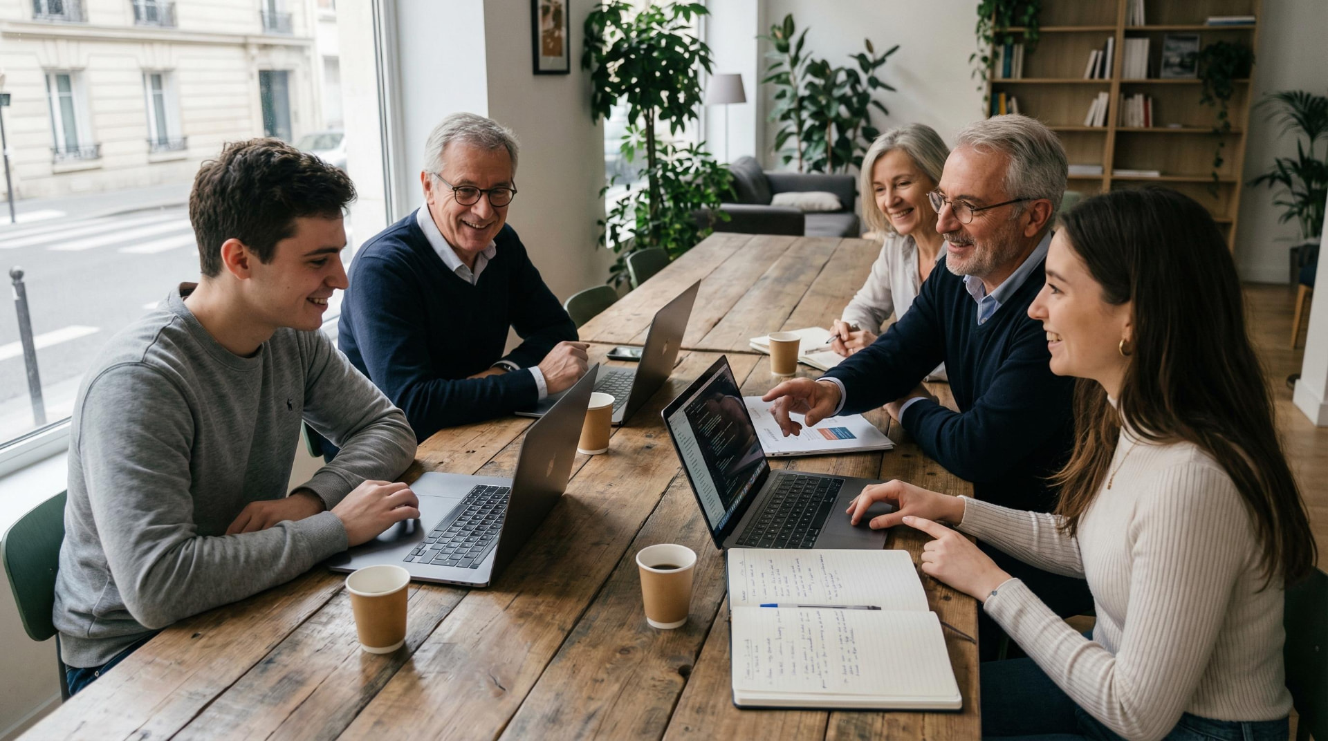 A multi-generational team collaborating around a table