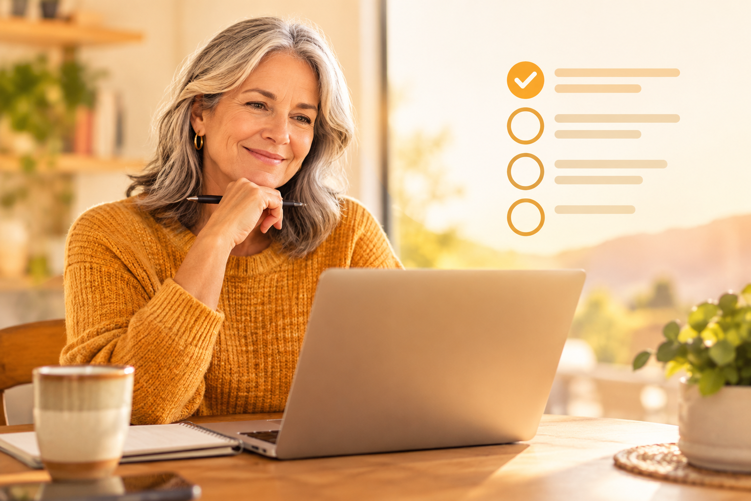 A woman reflecting on her next chapter with a checklist